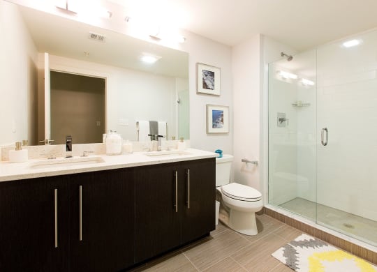 Spa Baths with Frameless Glass Shower, Beautiful Ebony Vanity with Dual Sinks, Large Mirrors and Hard Surface Flooring at Gatehouse 75, Charlestown, MA, 02129