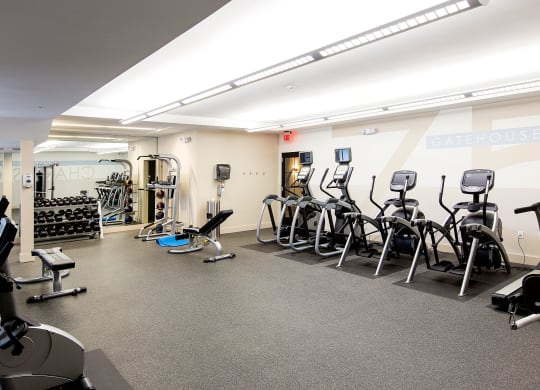 Fitness and Cardio Center with Treadmills, Elliptical Machines, Bikes and Free Weights at Gatehouse 75, Massachusetts