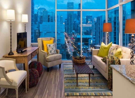 Evening City View from Living Room at Eight O Five, Illinois, 60610
