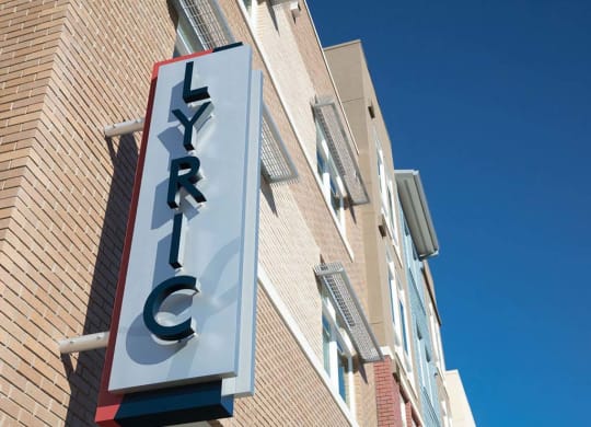 Outdoor view of building with Lyric sign at Lyric, California, 94596