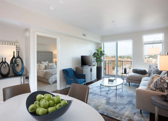 Dining room table with living room view at Lyric, California