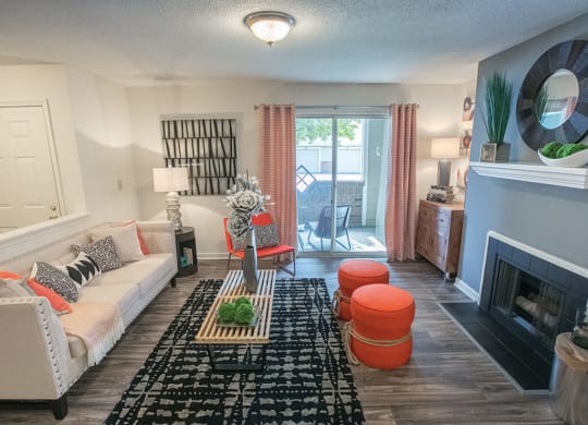 Living Room With Fireplace at Saw Mill Village Apartments, Columbus, Ohio