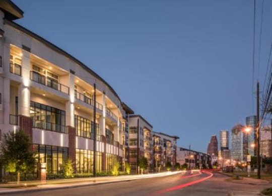exterior evening view of Tinsley on the Park apartments