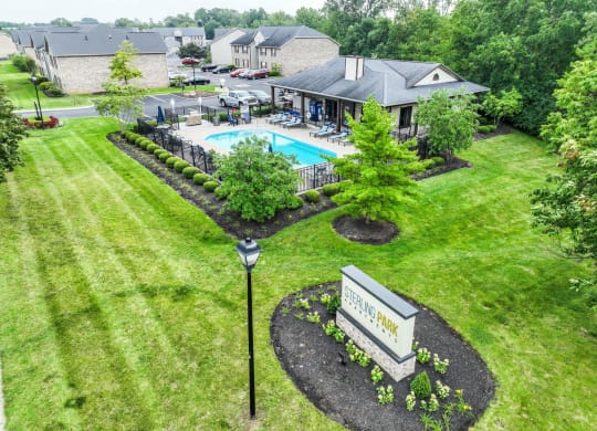 an aerial view of a swimming pool