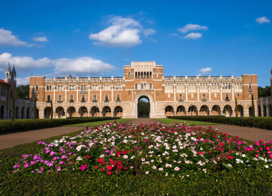 the front with a bed of flowers