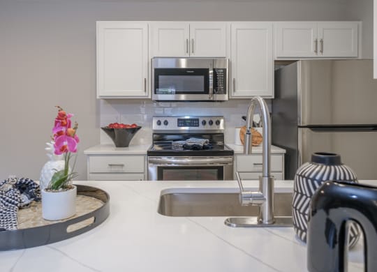 kitchen with stainless appliances and white cabinetry at Saw Mill Village apartments