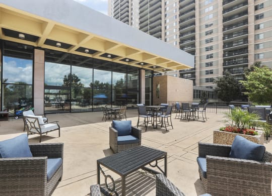 Skyline Towers apartments outdoor lounging and conversation areas