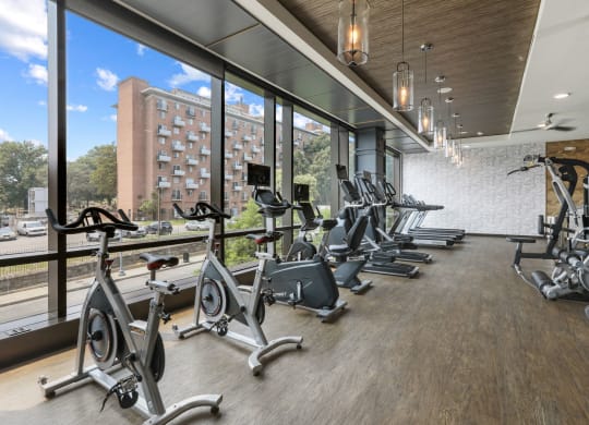 Trellis House apartments fitness center with spin bikes