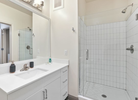 Trellis House apartments bathroom with oversized, tiled shower