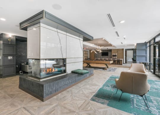 Trellis House apartments social lounge with fireplace