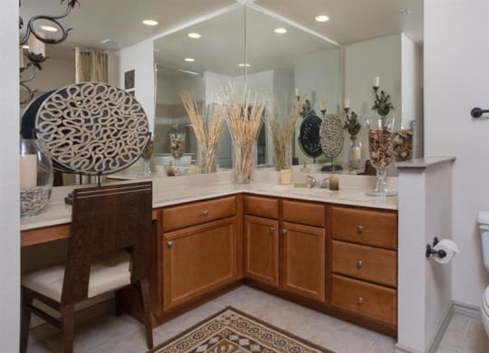 Master bathroom with floating vanities, quartz countertops, backlit vanity mirror, walk-in shower with Euro shower door and quartz-topped bench seat at Estancia Townhomes, Dallas, Texas