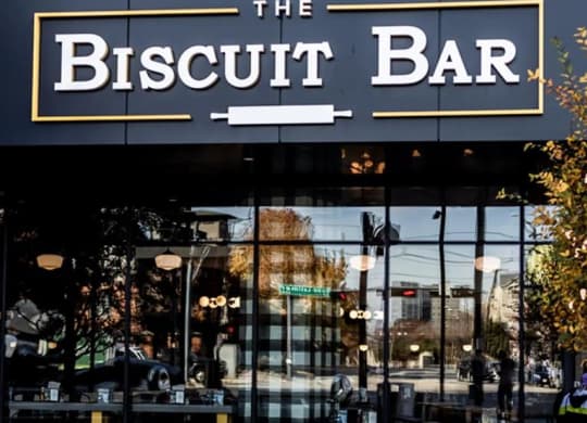 exterior view of The Biscuit Bar restaurant near The Gabriella apartments