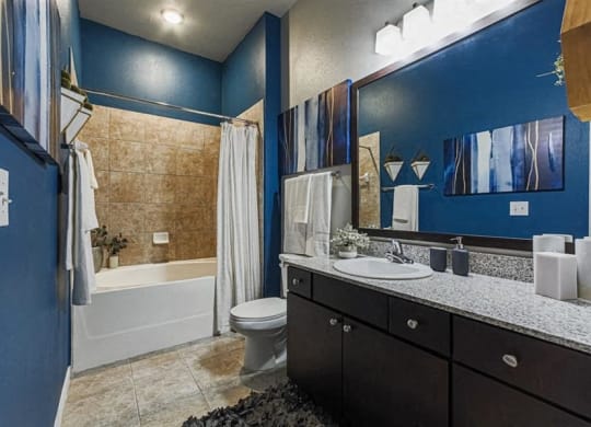 Spacious bathroom with soaking tub and tub tile surround at Aspire at 610 apartments