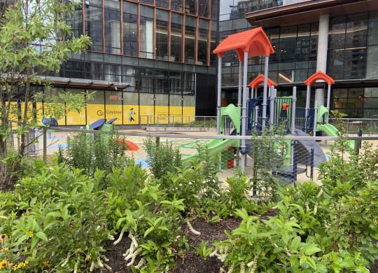 a childrens play area in front of Amazon HQ2 at The Millennium, Arlington, VA