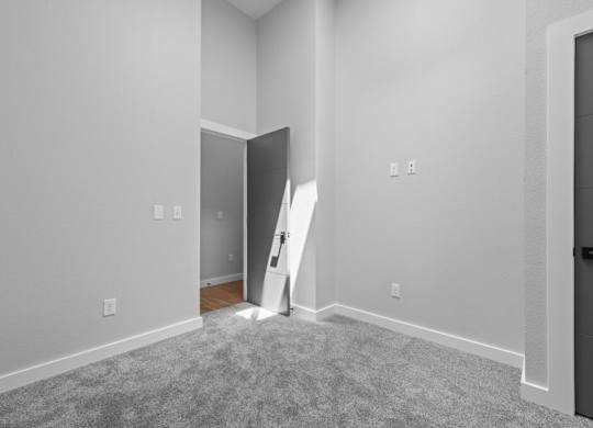 A room with a grey carpet and a white door at The Avenue Lofts Golden Apartments, Golden 80401