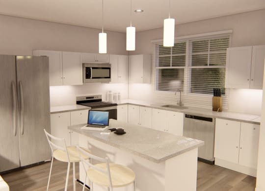 Modern kitchen with refrigerator and cabinets at Brownstones at Palisade Park, Broomfield, 80023
