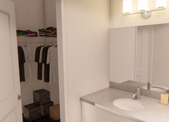 Bathroom with sink, mirror and attached closet at Brownstones at Palisade Park, Broomfield, CO,  80023