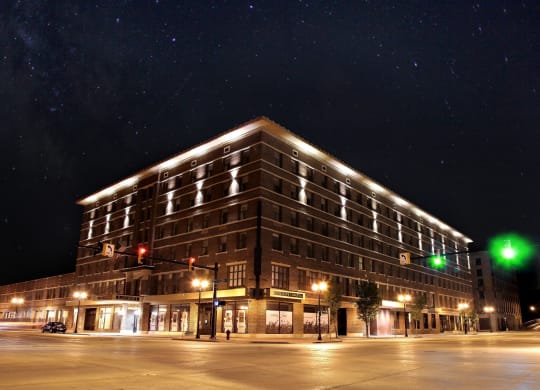 Bancroft Building, night time, lights