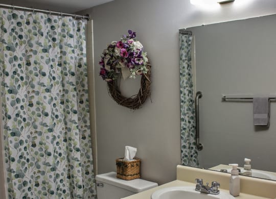 a bathroom with a shower curtain and a sink and a toilet