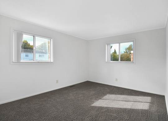 A room with two windows and a carpet on the floor.
