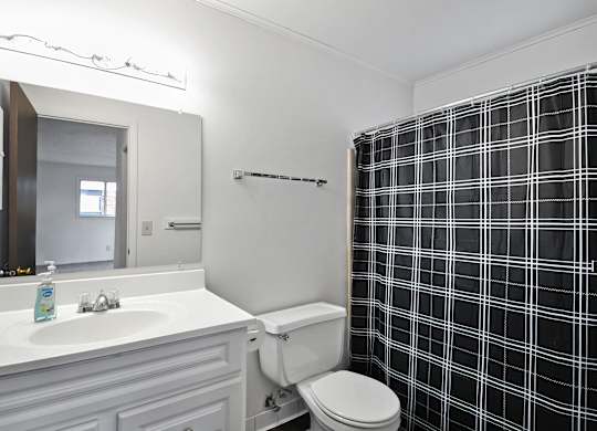 A bathroom with a white sink, toilet, and a black and white checkered shower curtain.