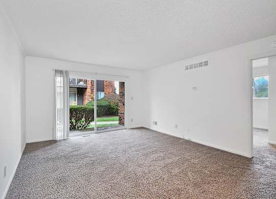 A large empty room with a carpeted floor and a sliding glass door leading to a backyard.