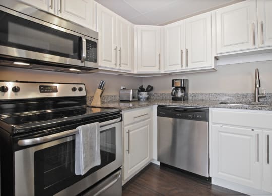 Kitchen with Granite countertops, Stainless Steel Appliances, Dishwasher, cabinet space, and hardwood floors at Bancroft Apartments in Saginaw, MI