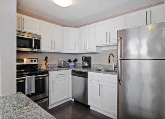 Kitchen with granite countertops, granite island, stainless steel appliances, dishwasher, ample cabinet space. Luxury Apartments in Saginaw, MI