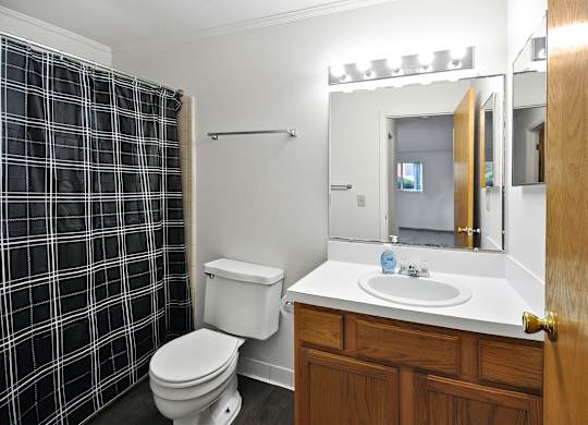 A bathroom with a toilet, sink, and shower curtain.