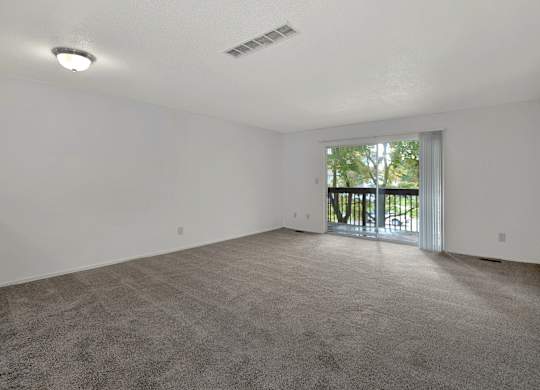 A spacious room with a grey carpet and a sliding glass door leading to a balcony.