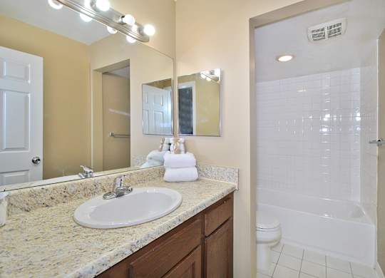 Modern bathroom at Woodcrest Apartments in Westland, MI featuring updated fixtures, a spacious vanity, and bright lighting.