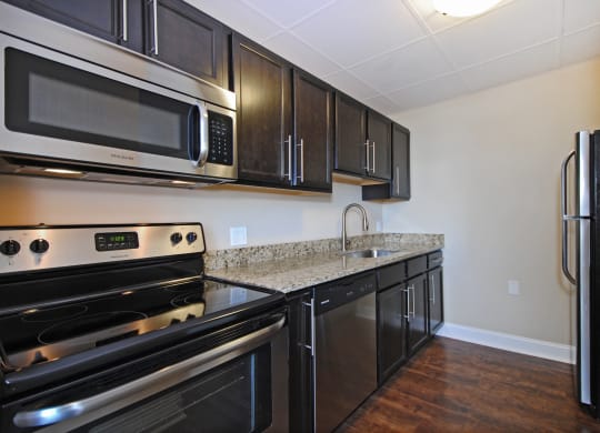 Kitchen with Stainless Steel Appliances, Dishwasher, cabinet space, and hardwood floors at Bancroft Apartments in Saginaw, MI