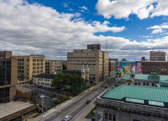 a view of the city from a bedroom in the Lofts at 5 Lyon in Grand Rapids, MI