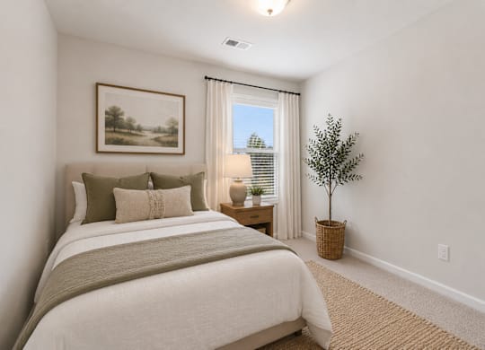Secondary bedroom with queen size bed and large window letting in a ton of natural light.