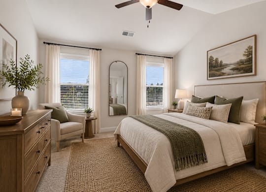 Serene primary suite with a plush king bed, refined finishes, and calming greenery—your private retreat for rest and relaxation.