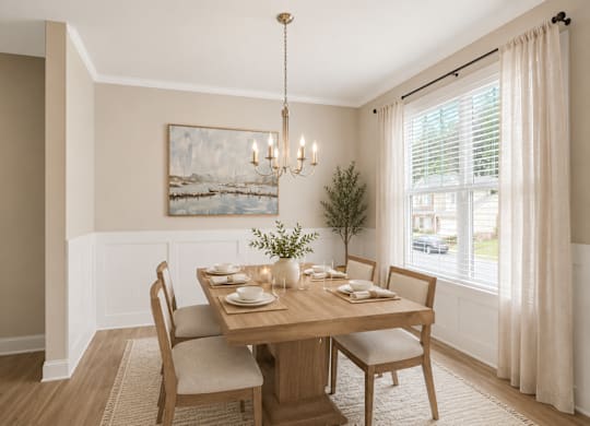 A dining room with a wooden table set for two.