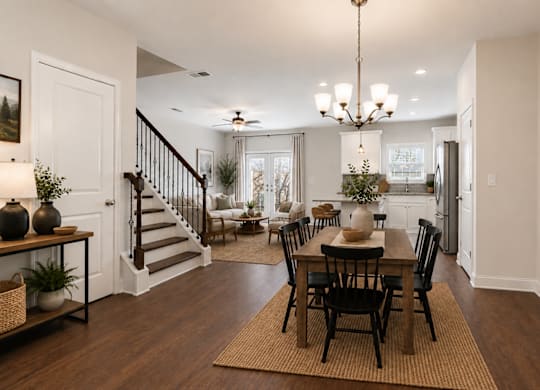 A view of the spacious kitchen, dining area, and stainless steel appliances