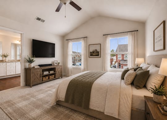 Serene primary suite with a plush king bed, refined finishes, and calming greenery—your private retreat for rest and relaxation.