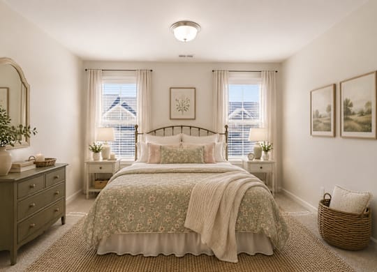 Guest bedroom featuring a queen bed with natural lighting.