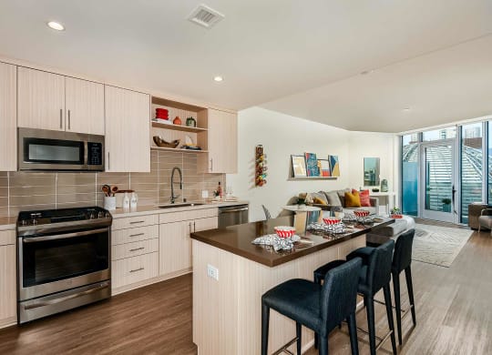 Large kitchen island at K1 Apartments, San Diego, CA