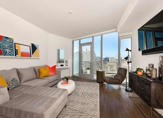 Spacious living room at K1 Apartments, San Diego, CA