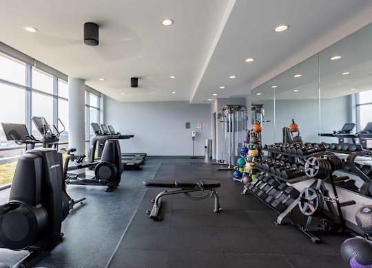 A gym with treadmills, elliptical machines, and other exercise equipment.
