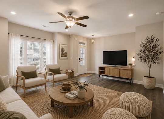 A living room with a ceiling fan, a couch, a chair, a coffee table, a television, and a potted plant.