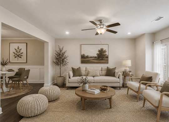 A living room with a white couch, a coffee table, and a painting on the wall.
