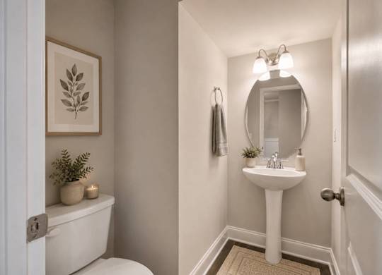 A bathroom with a toilet, sink, and mirror.