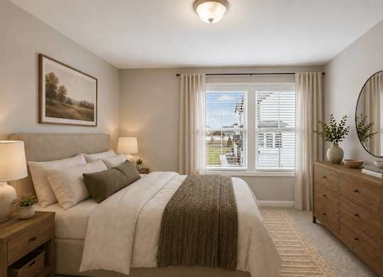 A bedroom with a large bed, a nightstand, and a window with a view of the outside.