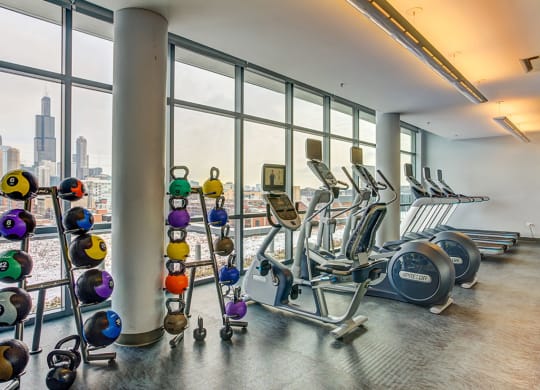 Community fitness room with cardio machines and floor-to-ceiling length windows with a city view at The Madison at Racine, Illinois