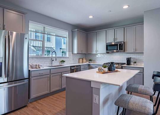 Modern Kitchen With Stainless Steel Appliances And Double Door Refrigerators at Villae ATX Luxury Rental Townhomes, Manchaca, TX, Texas, 78652
