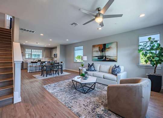 Living Room Come Dining Area View at Villae ATX Luxury Rental Townhomes, Manchaca, TX, Texas