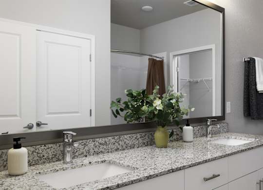a bathroom with two sinks and a mirror